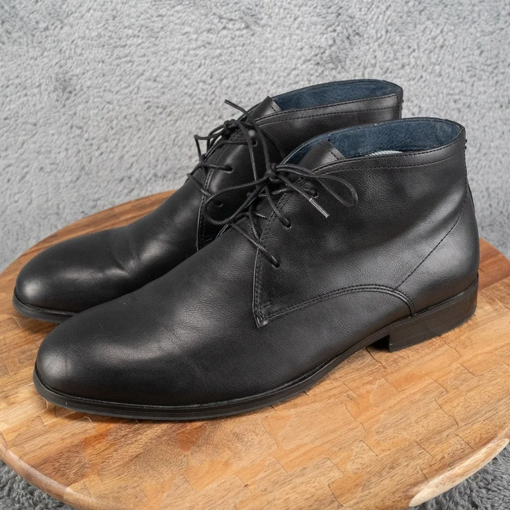 Steve Madden Sutter Ankle Boots Black Leather Round Plain Toe Lace Up Size 9.5 M